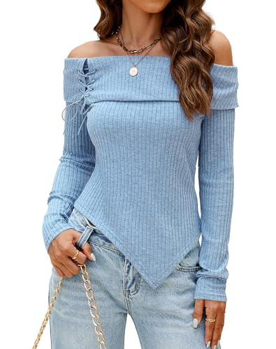 Bluetime Womens Off Shoulder Sweater Tops Long Sleeve Asymmetrical Hem Pullover Sweater Ribbed Knitted Slim Fit Sweaters(Blue Green,Small) | Amazon (US)