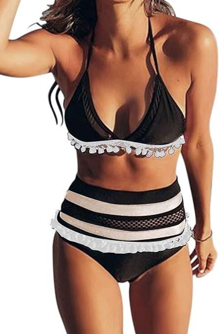 Astylish Women Two Piece Swimsuits Sexy Halter String Triangle Print Bikini Sets | Amazon (US)