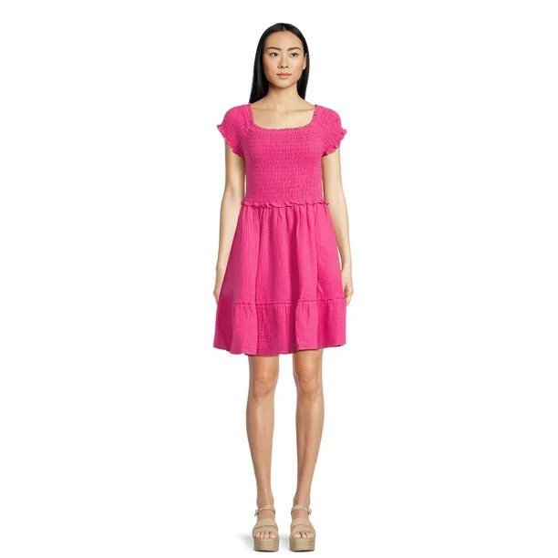 Time and Tru Women's Short Sleeve Smocked Mini Double Cloth Dress - Walmart.com | Walmart (US)