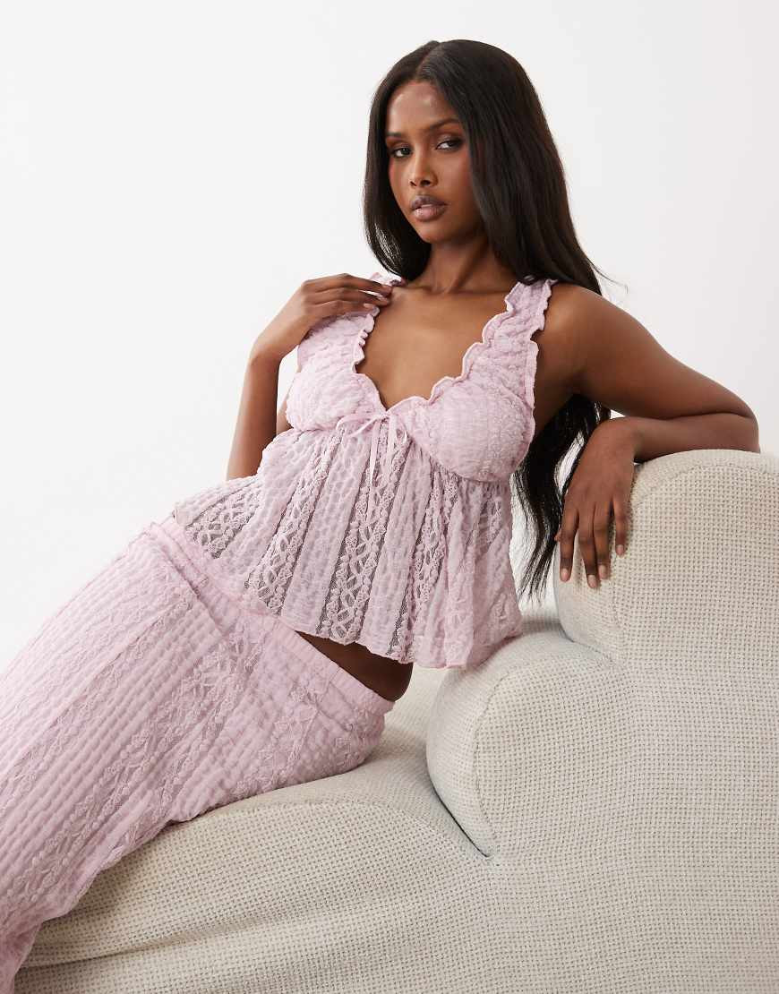 Gina Tricot lace top with front ribbon bow in pink | ASOS (Global)
