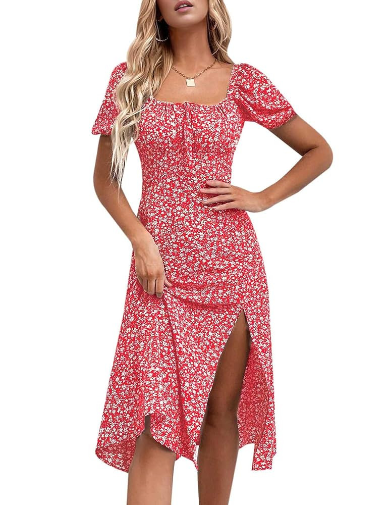 SPRIME Women's Floral Summer Casual Dress Square Neck Puff Sleeve Boho Midi Dresses Ruched Bust H... | Amazon (US)