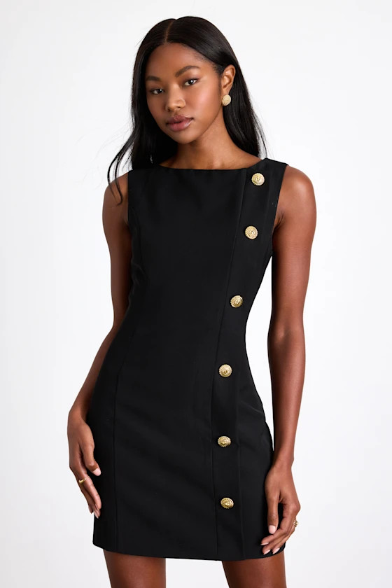 Paedyn Black Boat Neck Side-Button Mini Dress | Lulus