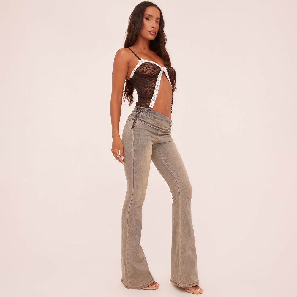 Low Rise Fold Over Waistband Flared Jeans In Washed Light Blue Denim | EGO (UK)