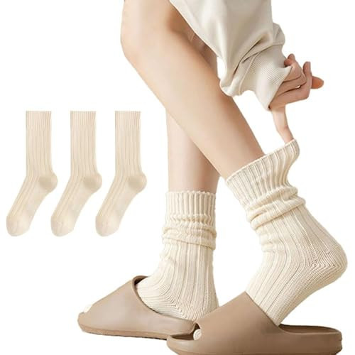 MANGMAO 3 Pairs Crew Socks for Women Cute Fall Knit Cotton Socks Crochet Aesthetic Long Slouch Socks Gifts for Women (Beige-3 Pack,One Size,One Size) | Amazon (US)