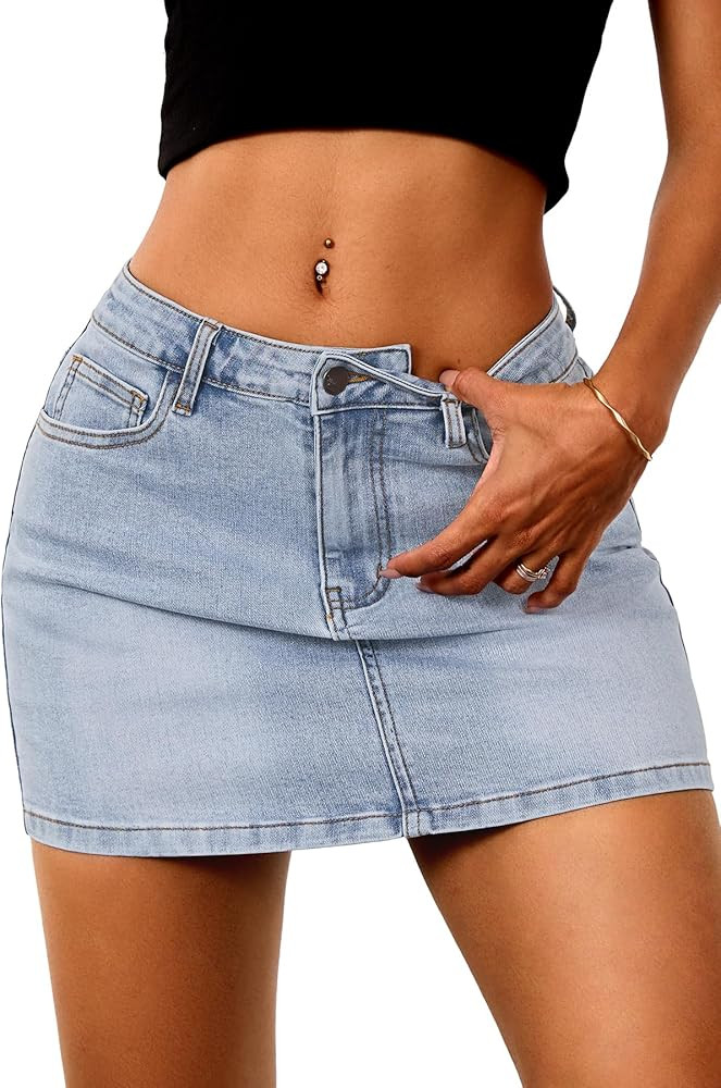 ELLEVEN Stretchy Mini Jean Skirt for Women,Low Waist Denim Skirts with Pockets | Amazon (US)