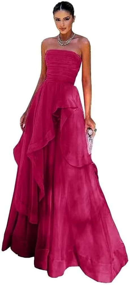 Strapless Prom Dresses Tulle Tube A-Line Ruffle Quinceanera Dresses for Women Formal Evening Part... | Amazon (US)