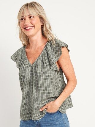 Loose Check-Pattern Flutter-Sleeve Top for Women | Old Navy (US)