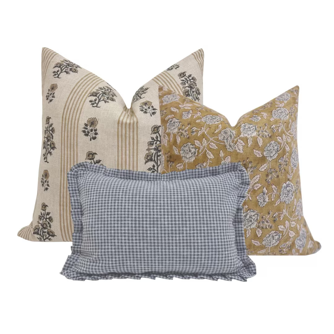 PILLOW COMBO || Set Of Three Designer Pillow Covers, Striped Linen Floral, Mustard Floral Pillow,... | Etsy (US)