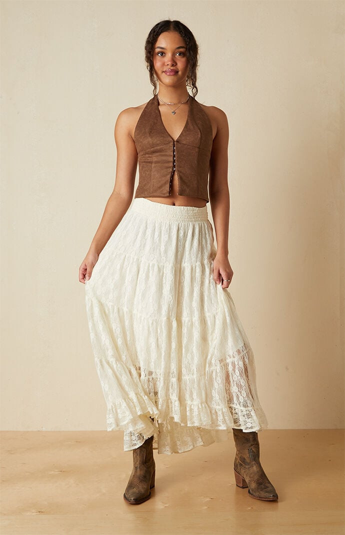 Your Favorite Women's Paisley Faux Suede Hook-And-Eye Halter Top in Brown - Size Medium | PacSun
