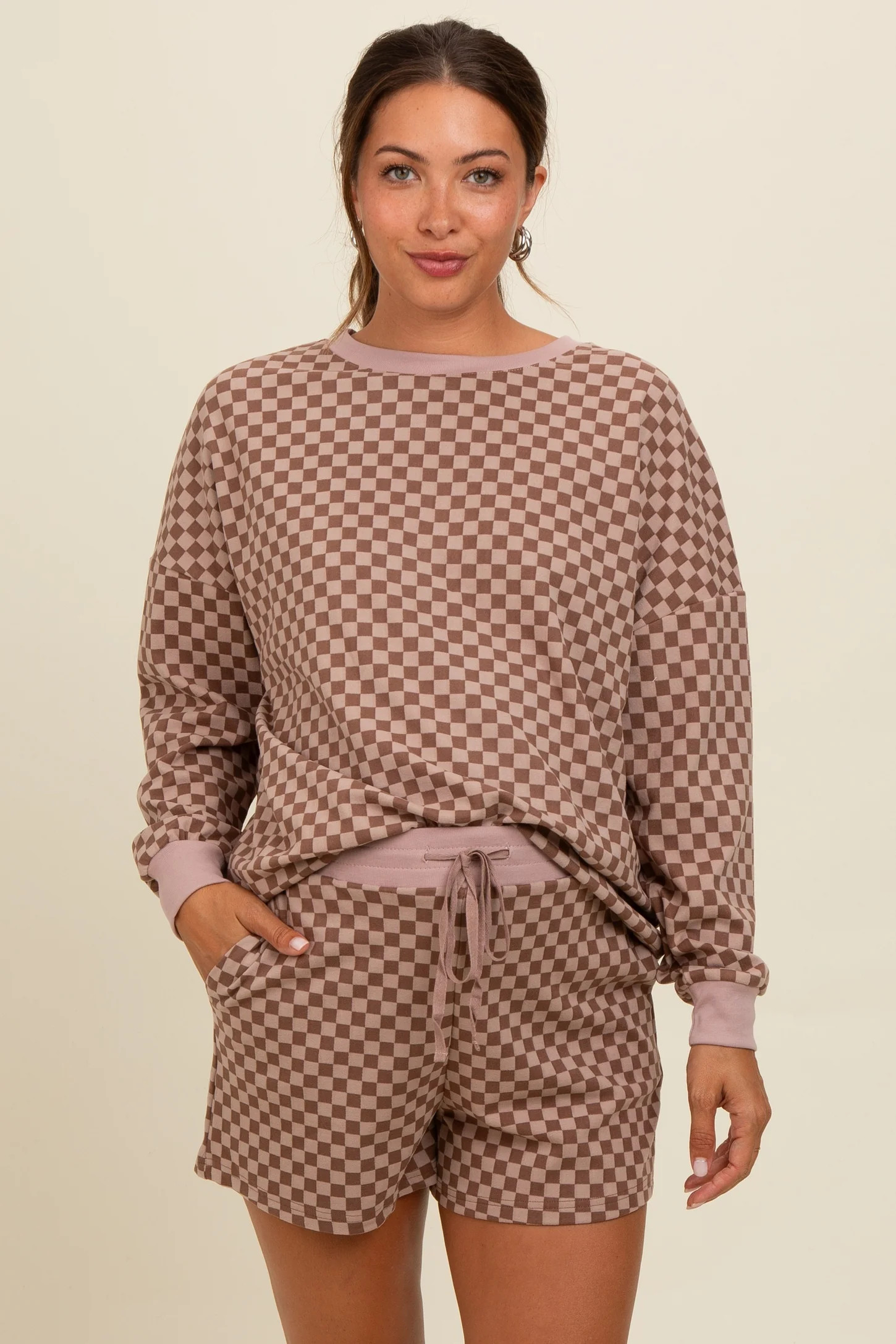 Mocha Checkered Plaid Pullover Shorts Maternity Set | PinkBlush Maternity