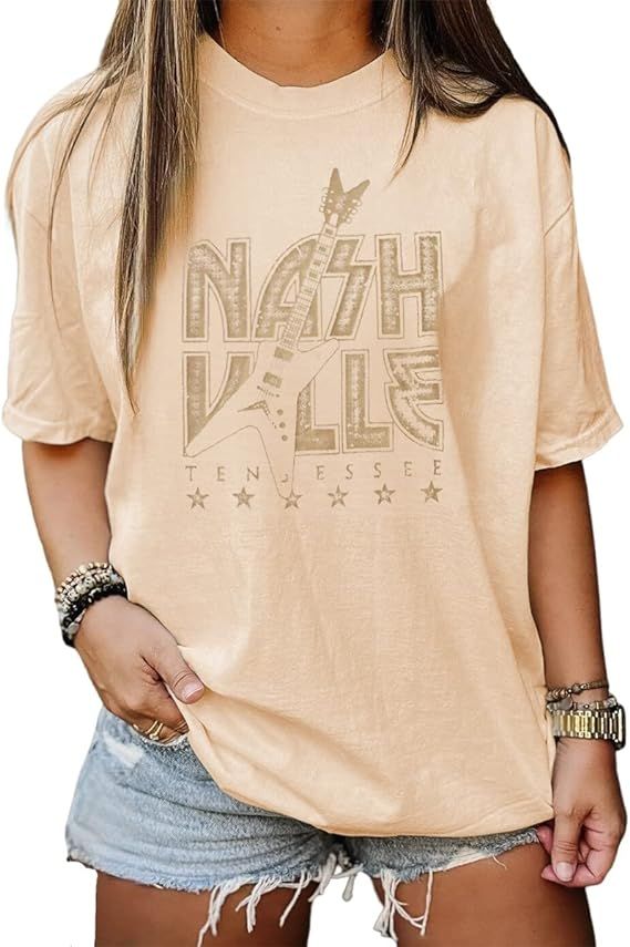 Women Country Music Oversized Shirts Nashville Concert Outfit Bass Graphic Tees Rocker Tops Short... | Amazon (US)
