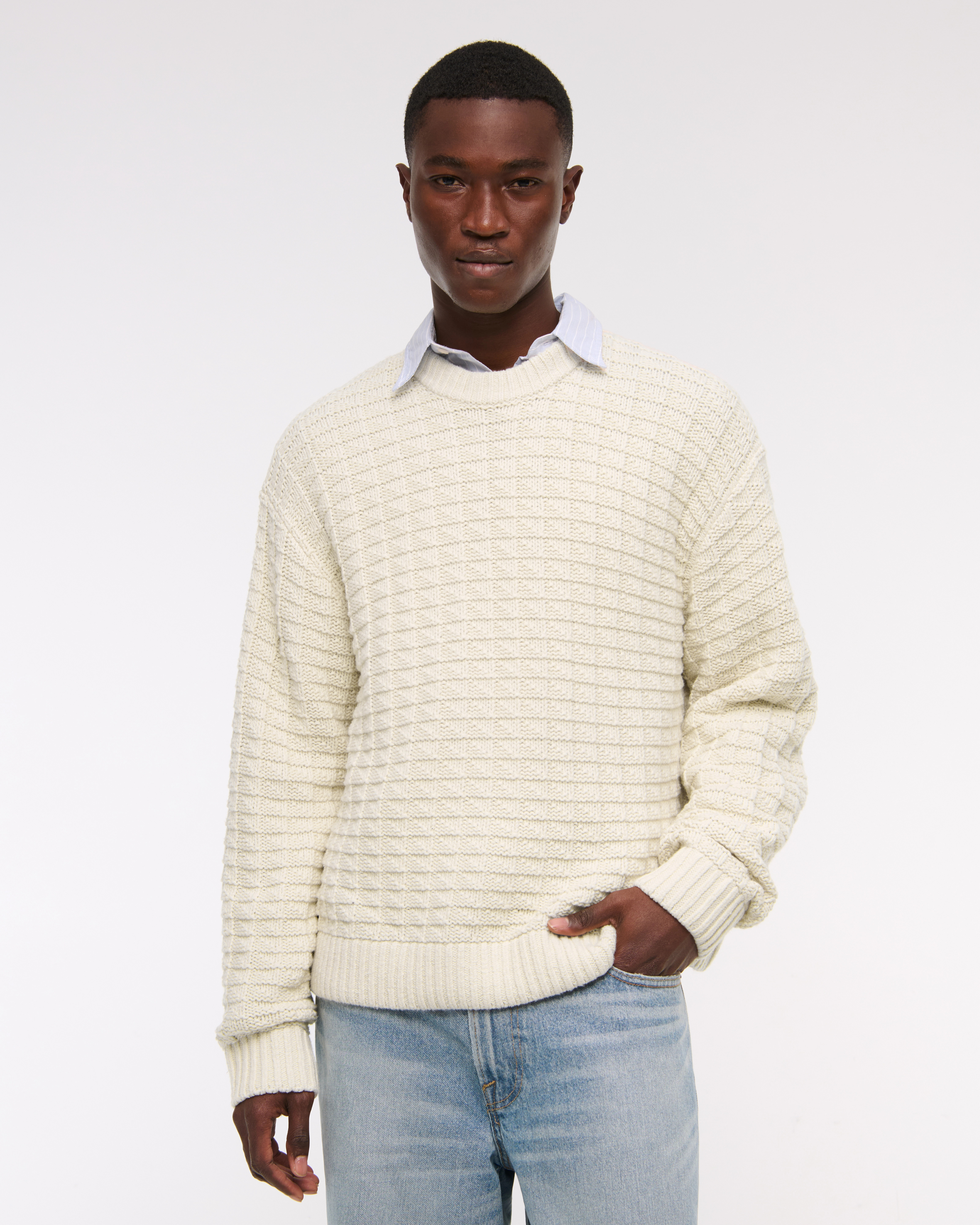 Oversized Checkered Stitch Crew Sweater | Abercrombie & Fitch (US)