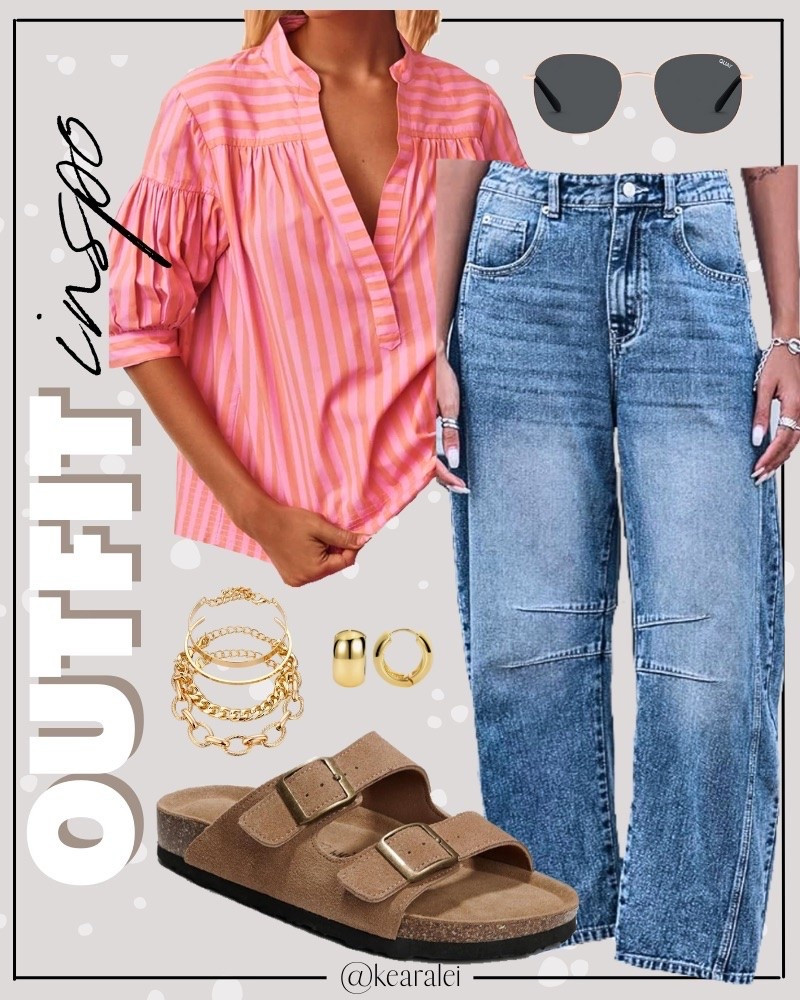 Spring outfits 2026 summer outfit mom style midsize boho style Free People inspired outfit looks for less Amazon fashion affordable outfits bright pink orange coral stripe shirt blouse with light wash barrel jeans high rise barrel leg wide leg jeans denim medium blue jeans tan suede leather Birkenstock sandals slides lookalike cork sole shoes casual mom outfit momiform business casual teacher outfit teaching workwear office work wear outfits || #freepeople #boho #amazon #fashion #summer
.
.
deals sales sale alert Amazon fashion, teacher outfits, business casual, casual outfits, neutrals, street style, Midi skirt, Maxi Dress, Swimsuit, Bikini, Travel, skinny Jeans, Puffer Jackets, Concert Outfits, Cocktail Dresses, Sweater dress, Sweaters, cardigans Fleece Pullovers, hoodies, button-downs, Oversized Sweatshirts, Jeans, High Waisted Leggings, dresses, joggers, fall Fashion, winter fashion, leather jacket, Sherpa jackets, Deals, shacket, Plaid Shirt Jackets, apple watch bands, lounge set, Date Night Outfits, Vacation outfits, Mom jeans, shorts, sunglasses, Disney outfits, Romper, jumpsuit, Airport outfits, biker shorts, Weekender bag, plus size fashion, Stanley cup tumbler, boots booties tall over the knee, ankle boots, Chelsea boots, combat boots, pointed toe, chunky sole, heel, high heels, mules, clogs, sneakers, slip on shoes, Nike, adidas, vans, dr. marten’s, ugg slippers, golden goose, sandals, high heels, loafers, Birkenstocks, Steve Madden Target, Abercrombie and fitch, Nordstrom

#LTKootd #LTKSeasonal #LTKSaleAlert