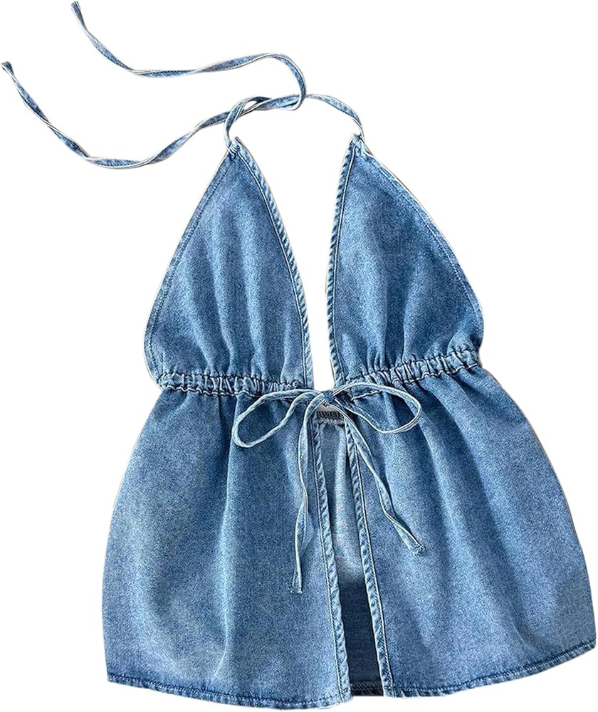 Remidoo Women's Denim Halter Top Self Tie Peplum Jean Sleeveless Crop Tank Tops | Amazon (US)