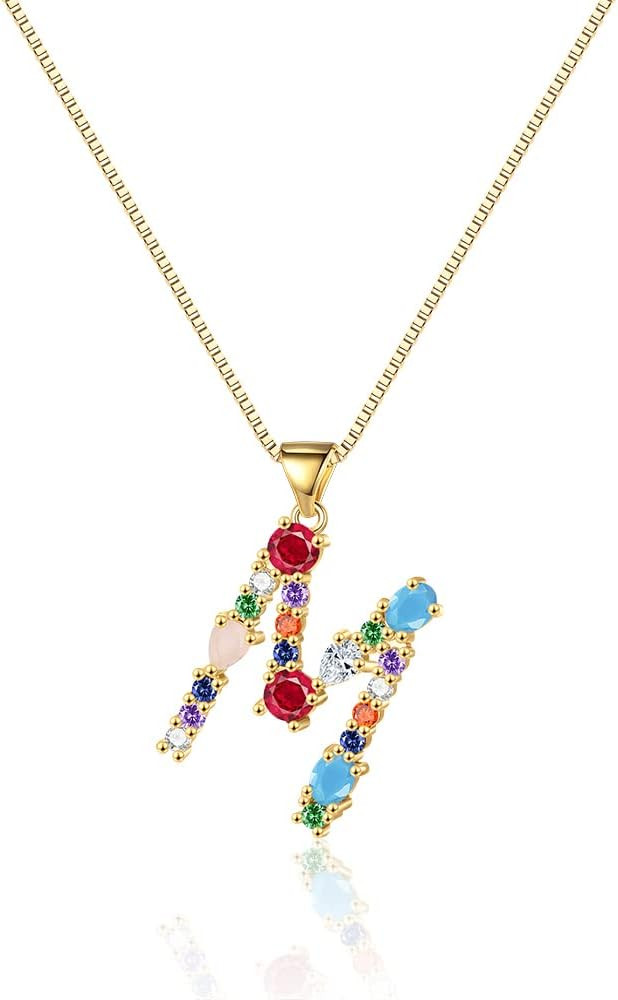 Eben-Ezer 18K Gold Box Chain Choker Initial Necklace Multi-Color Zircon Letter Pendant Script Nam... | Amazon (US)