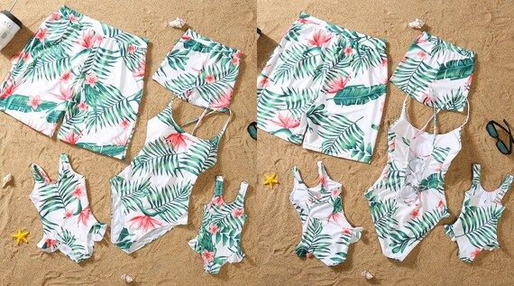 2021 New Green Leaf Family Swimwear Family Swimsuits Family Matching Swimsuits Mommy and Me Bikin... | Etsy (US)