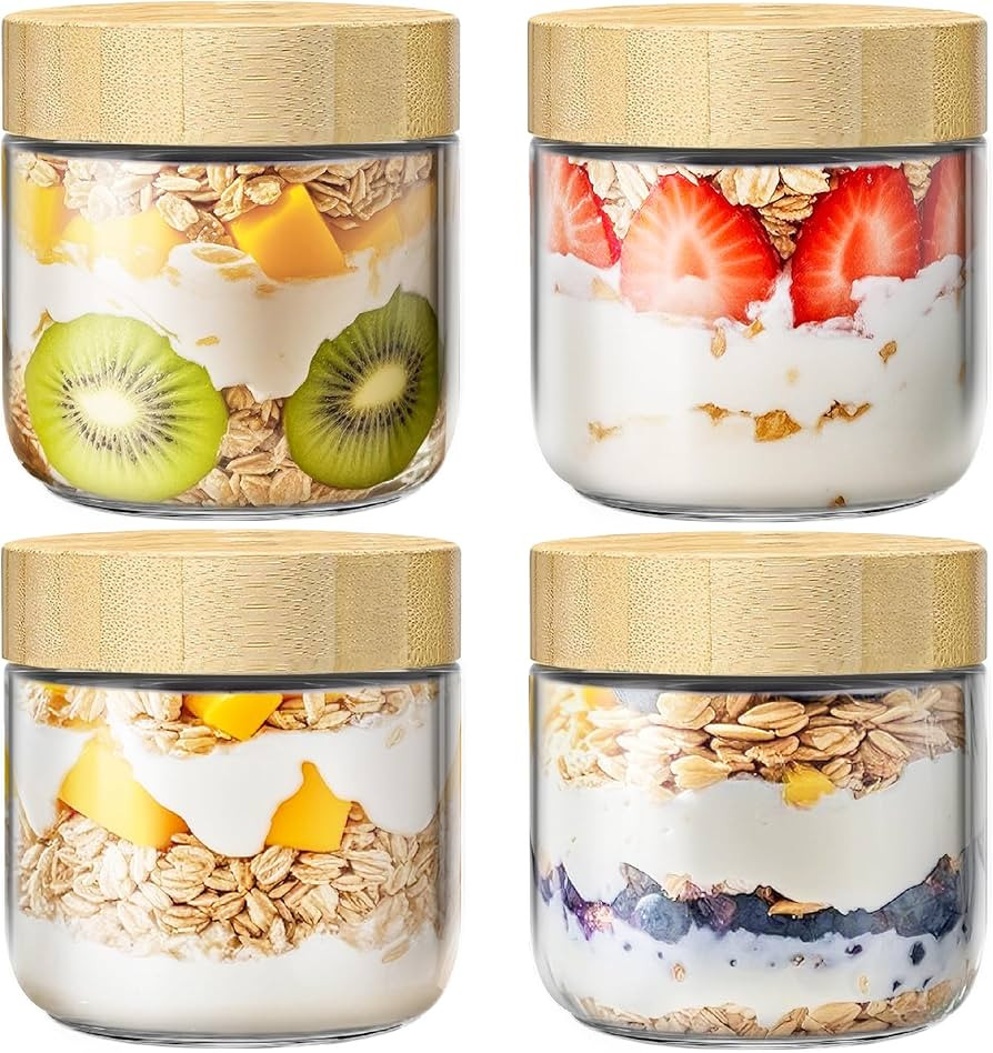 4 Pack 10oz Overnight Oats Containers with Bamboo Lids, Glass Jars with Airtight Lids for Meal Pr... | Amazon (US)