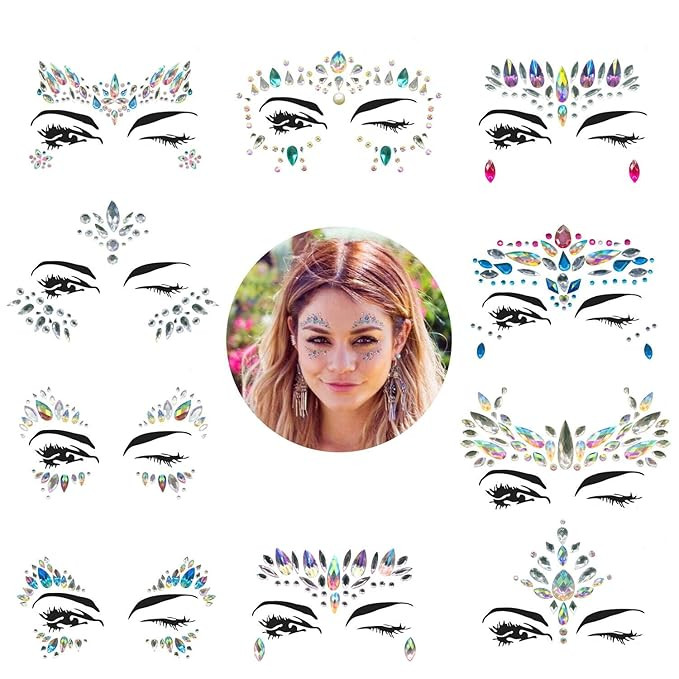 Face Gems, 10 Sets Mermaid Face Jewels Festival Face Gems Rhinestones Rave Eyes Body Bindi Tempor... | Amazon (US)