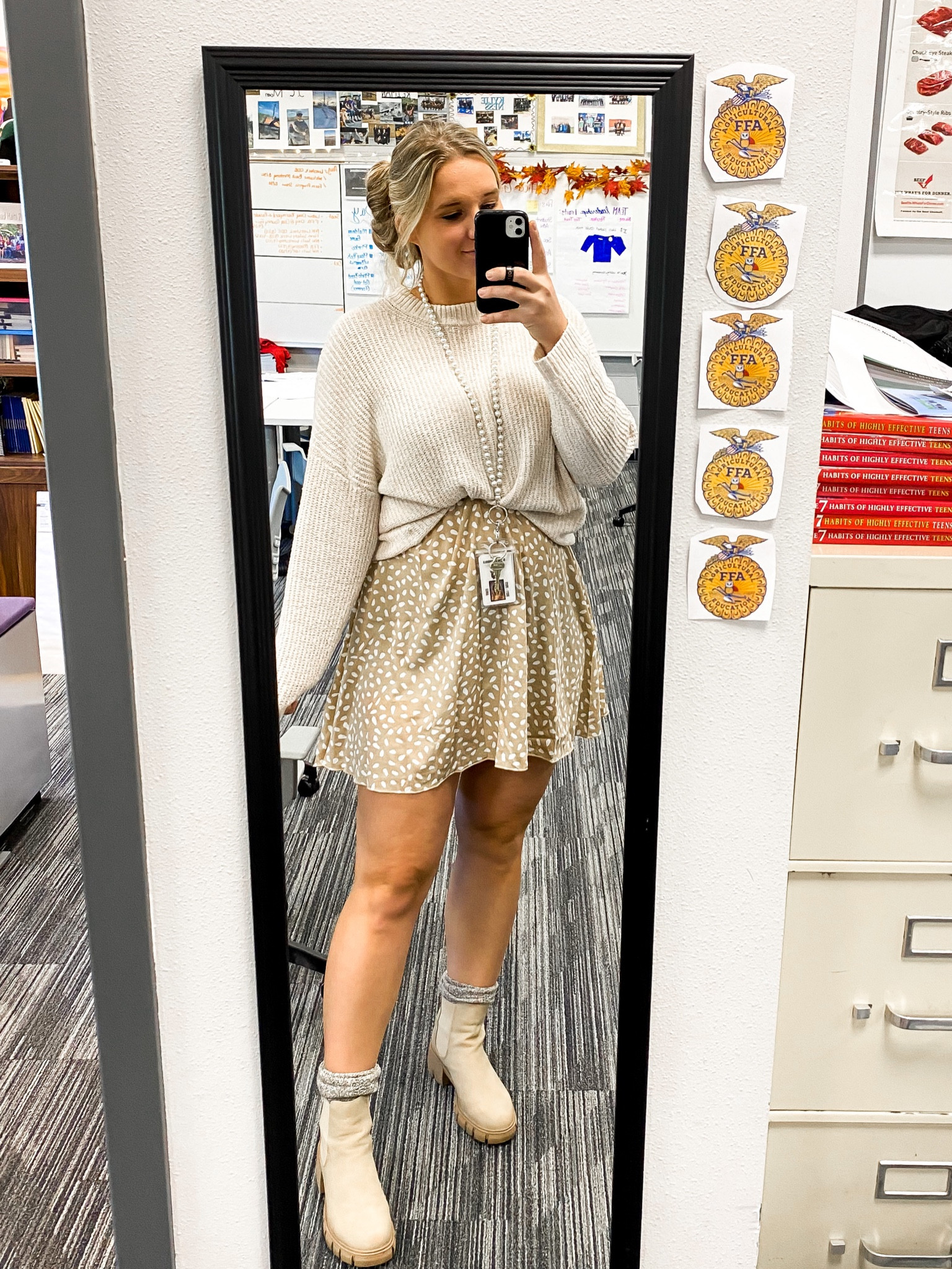 My teacher outfit of the day! I folded the dress down and tucked the sweater into my bra to create the cropped look. I’m feeling very ready for a cool, sunny, fall day in this outfit! 

#LTKworkwear #LTKstyletip #LTKunder50
