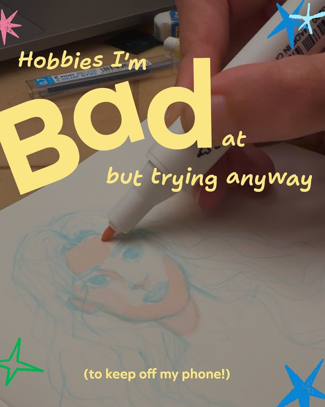 I’ve been really making an effort to reduce my screen time, and it has me picking up old art supplies or trying new things.

It’s really hard for me, especially as an artist, to be bad at something new. There’s often a pressure that since we’re good at one form of art we should be good at all of them, but I think it’s important to disconnect and allow yourself to explore and try with no other goal! So I hope these unpolished, ugly little sketches can encourage you to get off your phone as well and try something new!!

#artistoninstagram #hobbies #adobeexpress #woobles #posca #sketching