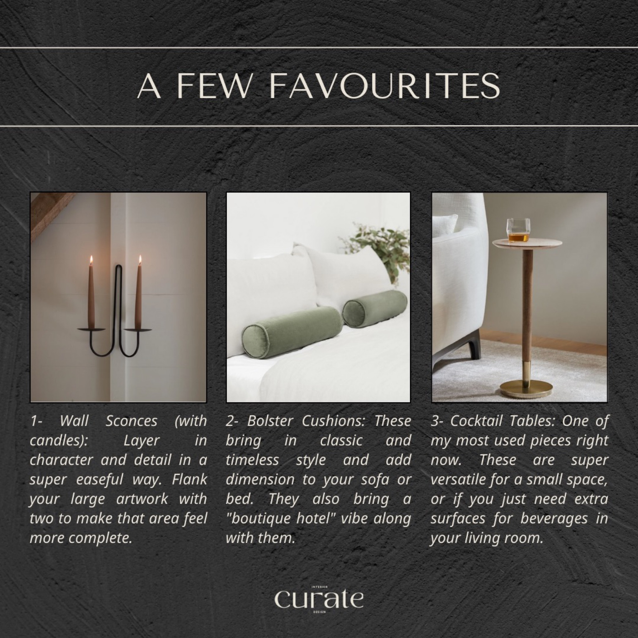 I love sharing my favourite products from client projects with you! Here are 3 different pieces I am currently loving! 

The wall sconce with taper candles will truly elevate any room and bring welcoming warmth 🕯️ 

The sage bolster cushions will make your space (especially your bedroom) feel more like a boutique hotel 💅🏻 

And the multi toned cocktail table add convenience and style to any space you style it in. 

Follow along for more tips on my favourite decor pieces! 

#LTKhome