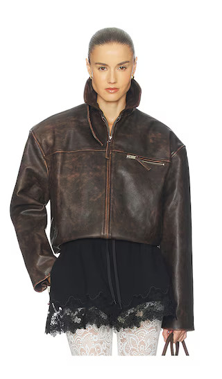 The Leather Oversized Moto Jacket in Brown Distressed | Revolve Clothing (Global)