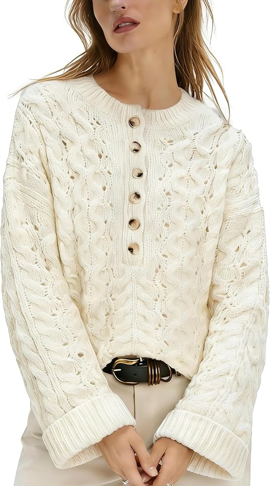 Women's Cable Knit Sweater Long Sleeve Crewneck Casual Cropped Pullover Sweaters Boho Half Button... | Amazon (US)