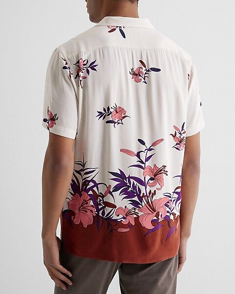 Border Floral Print Rayon Short Sleeve Shirt | Express