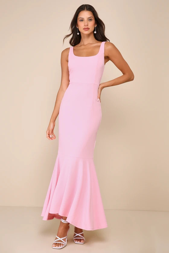 Romantic Destiny Light Pink Square Neck Trumpet Maxi Dress | Lulus