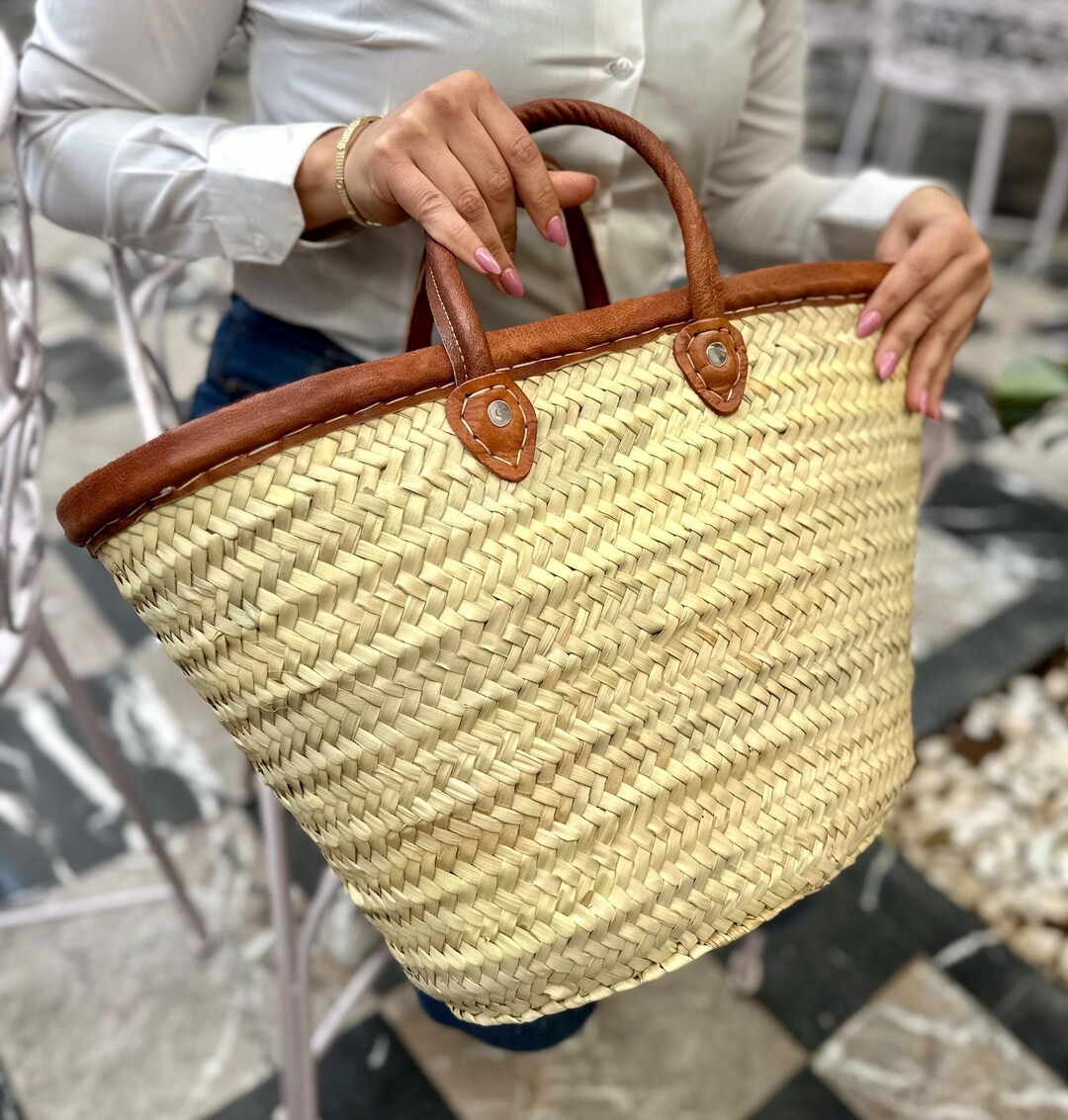 Lot of 20 Straw Bag | Moroccan Handwoven Straw Basket Bag With Leather Handles | Beach Bag | Groc... | Etsy (US)