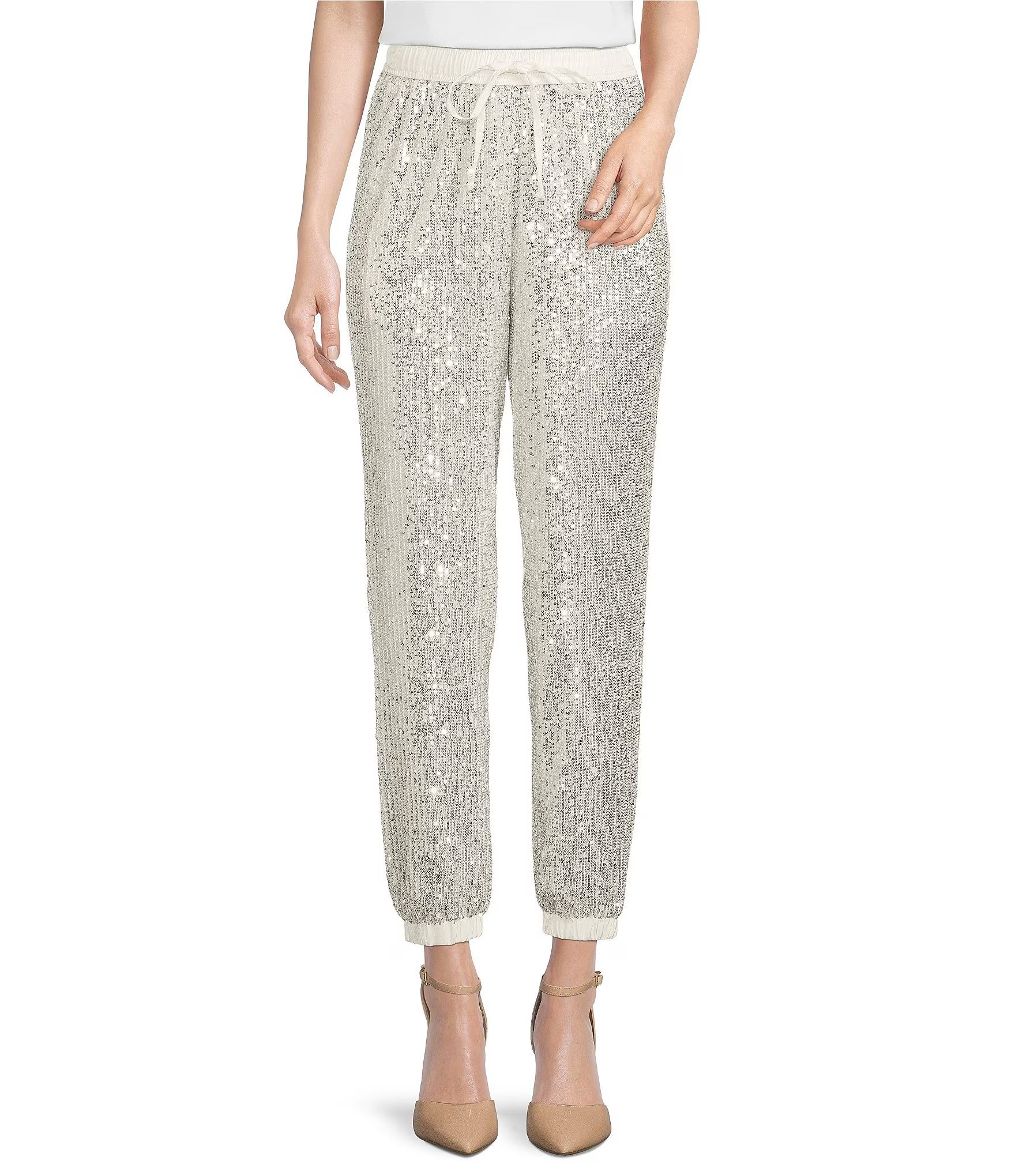 Sequin Drawstring High Waisted Ankle Joggers | Dillard's