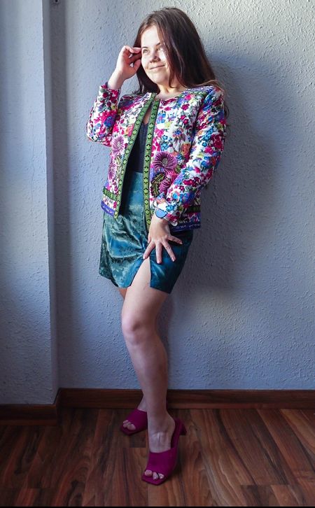Colourful spring outfit wearing floral jacket, black bodysuit and green emerald mini skirt. Use code GLAMCOFFEE.And I styled up with pink high heel slides from Vivaia with cose VKRISTINE.

#LTKmidsize #LTKstyletip #LTKfindsunder100