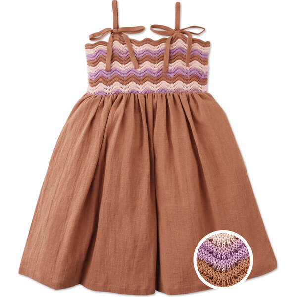 Malaya Sun Dress With Wavy Knitted Bodice, Brown | Maisonette