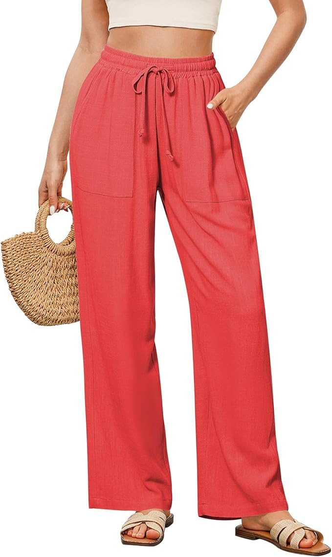 GRAPENT Linen Pants for Women Wide Leg High Waisted Baggy Drawstring Elastic Waist Palazzo Trouse... | Amazon (US)