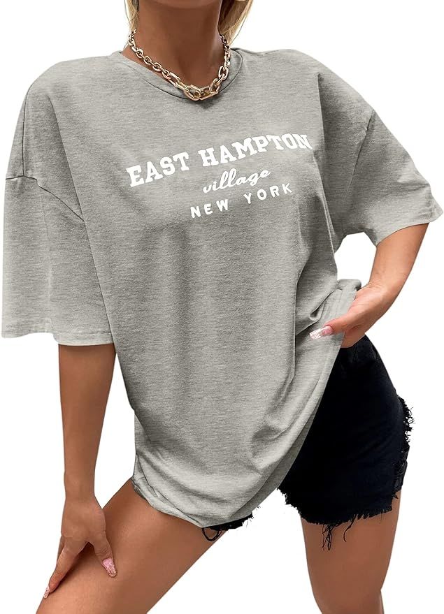 Lauweion Women Drop Shoulder East Hampton Letter T-Shirt Oversized Graphic Baggy Trendy Tee Shirt... | Amazon (US)