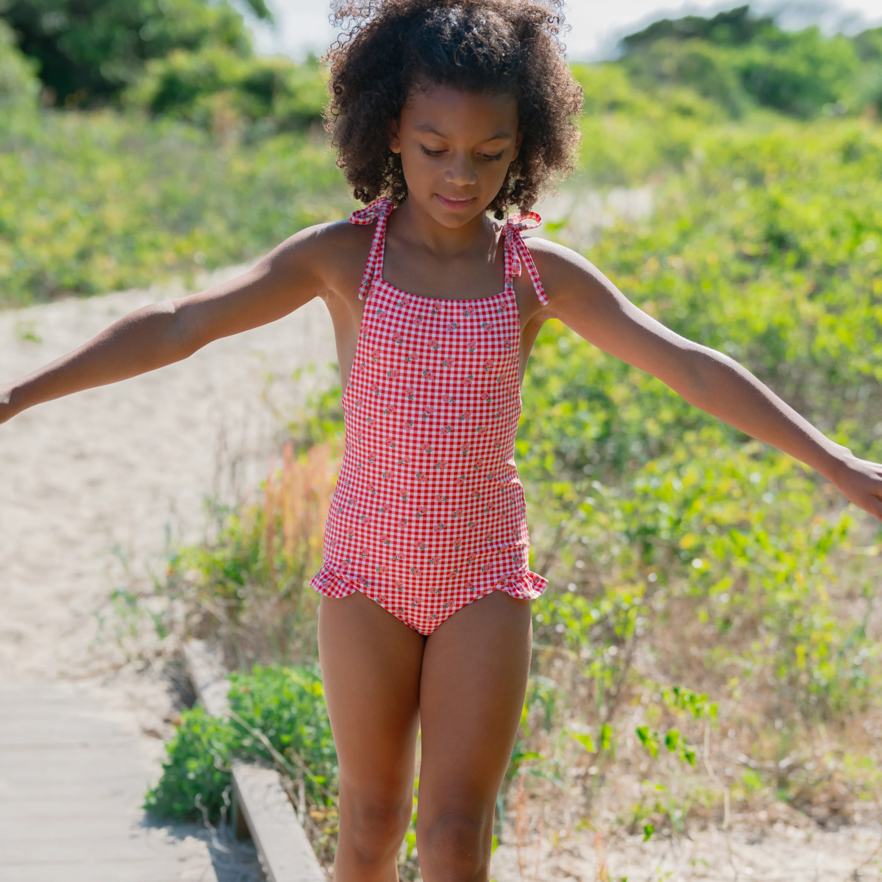 girls strawberry gingham one piece | Minnow