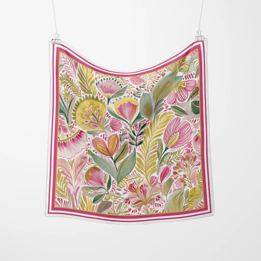 Floral Silk Scarf: Pink, Green & Gold Square Bandana - Four Sizes | Etsy (US)