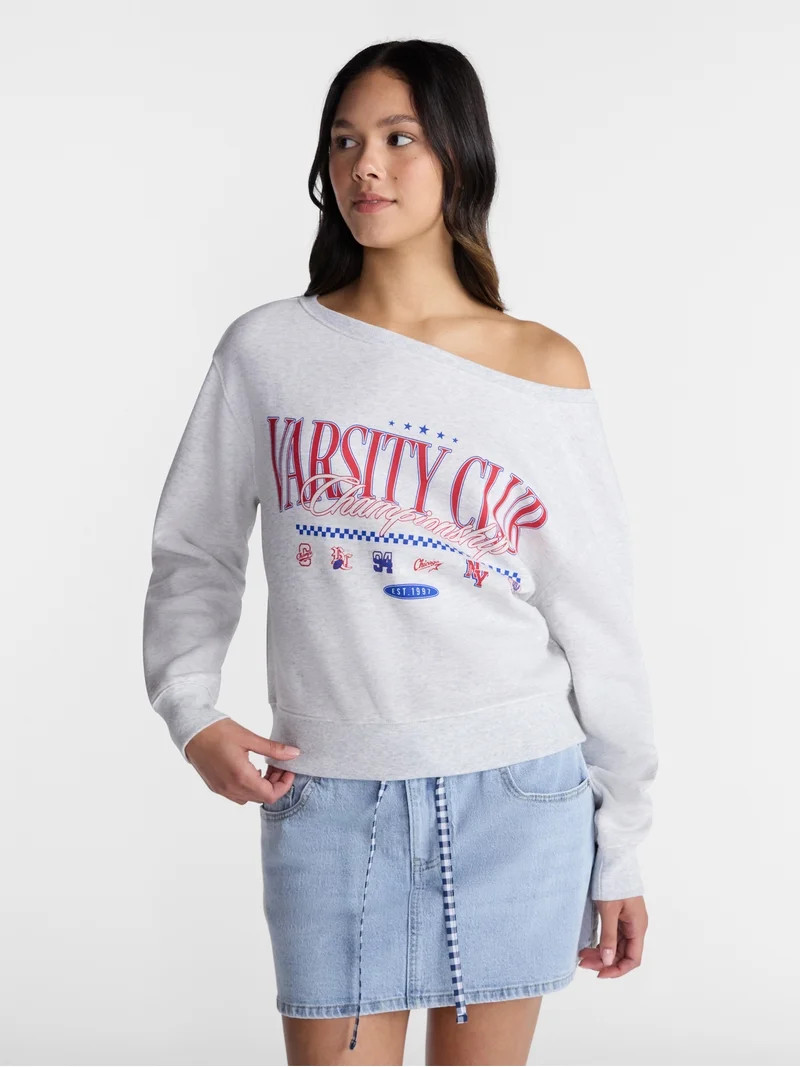 No Boundaries Off Shoulder Sweatshirt with Long Sleeves, Women\u2019s Sizes XXS-4X | Walmart (US)