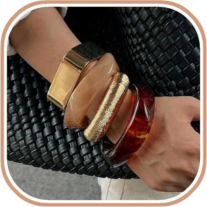 ALEXTINA Vintage Resin Bangle Set for Women – 4PCS Chunky Gold Acrylic Cuff Stack, Red Black Ca... | Amazon (US)