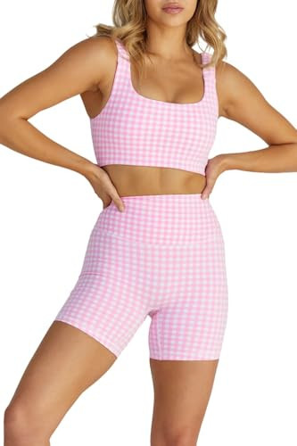 Womens Gingham Workout Sets 2 Piece Sets Summer Outfits Athletic Sports Bra High Waist Shorts Sets Matching Activewear Sets (Pink,X-Small) | Amazon (US)