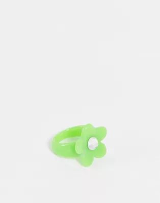 ASOS DESIGN ring with green flower in plastic | ASOS (Global)
