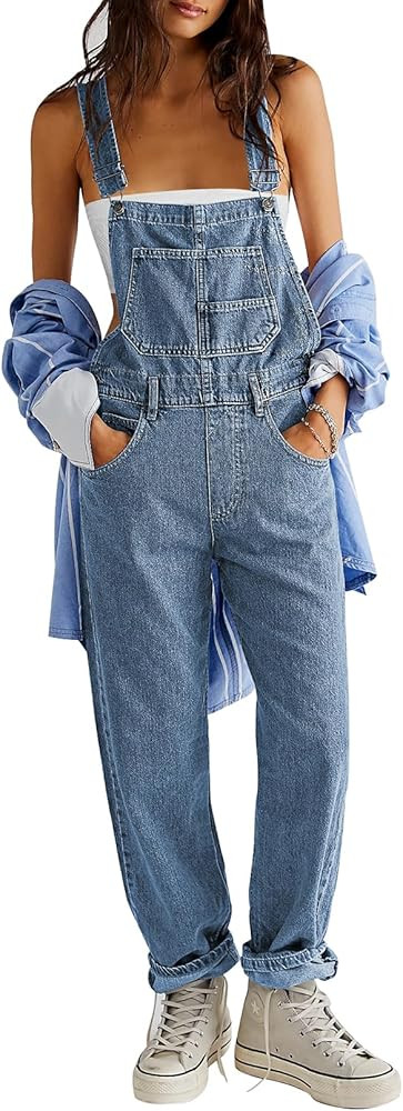 Pink Queen Women's Denim Bib Overalls Casual Loose Adjustable Straps Wide Legs High Waist Jean Pa... | Amazon (US)