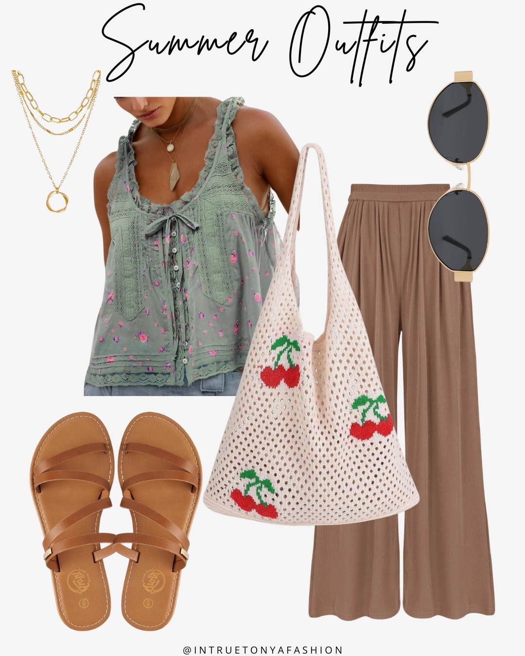 Summer outfit idea — light green tank top, brown flowy pants, cherry tote bag, sandals, and sunglasses 







Amazon outfits every outfit inspo, outfit ideas, casual outfits amazon, amazon outfits every day, spring outfits 2026, summer outfits

#LTKSaleAlert #LTKPetite #LTKootd