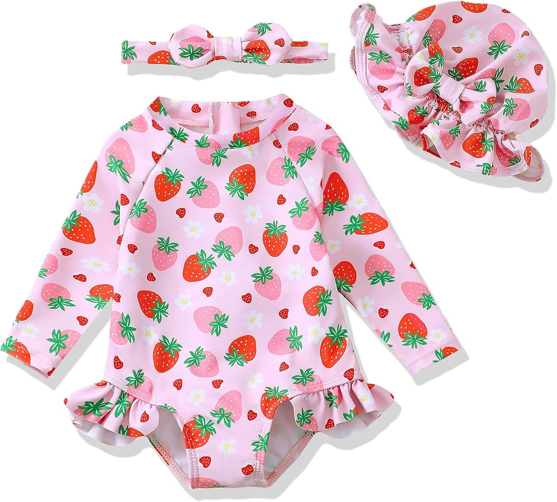 Baby Girl Swimsuit Long Sleeve One-Piece Swimwear with Hat Rash Guard Ruffle Floral Zipper Beach ... | Amazon (US)