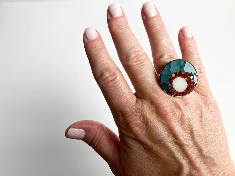 Abstract Mosaic Ring, Stained Glass, Turquoise, Red, White, Round, Circle, Statement Ring, Circle... | Etsy (Global)