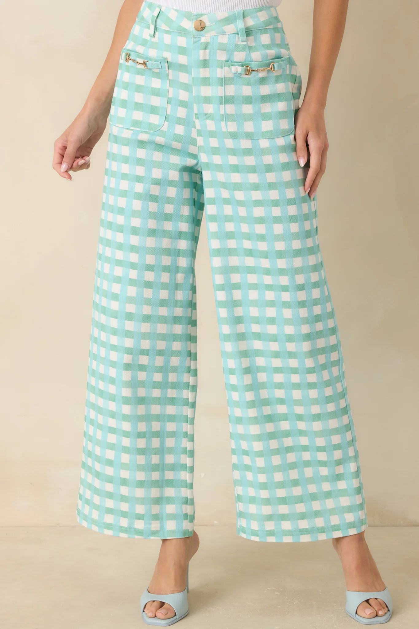 Cool As Can Be Aqua Blue & Mint Gingham Cotton Wide Leg Pants - S / Aqua | Red Dress
