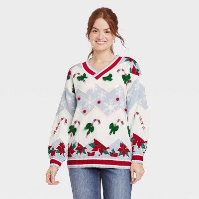 Women's Holiday Candy Cane Graphic Pullover Sweater | Target