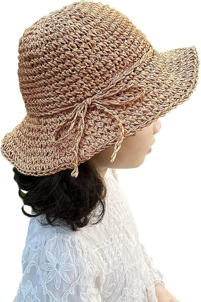 Kids Summer Straw Hat Handmade Bowknot Beach Sun Protection Hats for Girls Khaki | Amazon (US)
