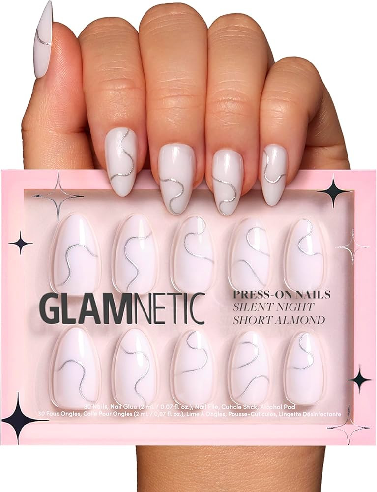 Glamnetic Press On Nails - Silent Night | Short Almond White Nails with 3D Silver Foil in a Gloss... | Amazon (US)