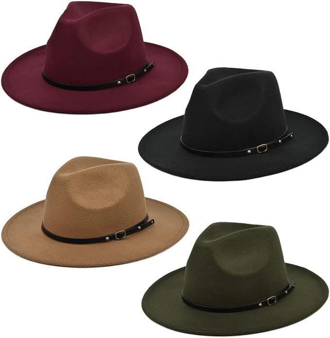 Women Classic Wide Brim Fedora Hat, 4 Pack Retro Panama Hat Wool Fedora Hat with Belt Buckle | Amazon (US)